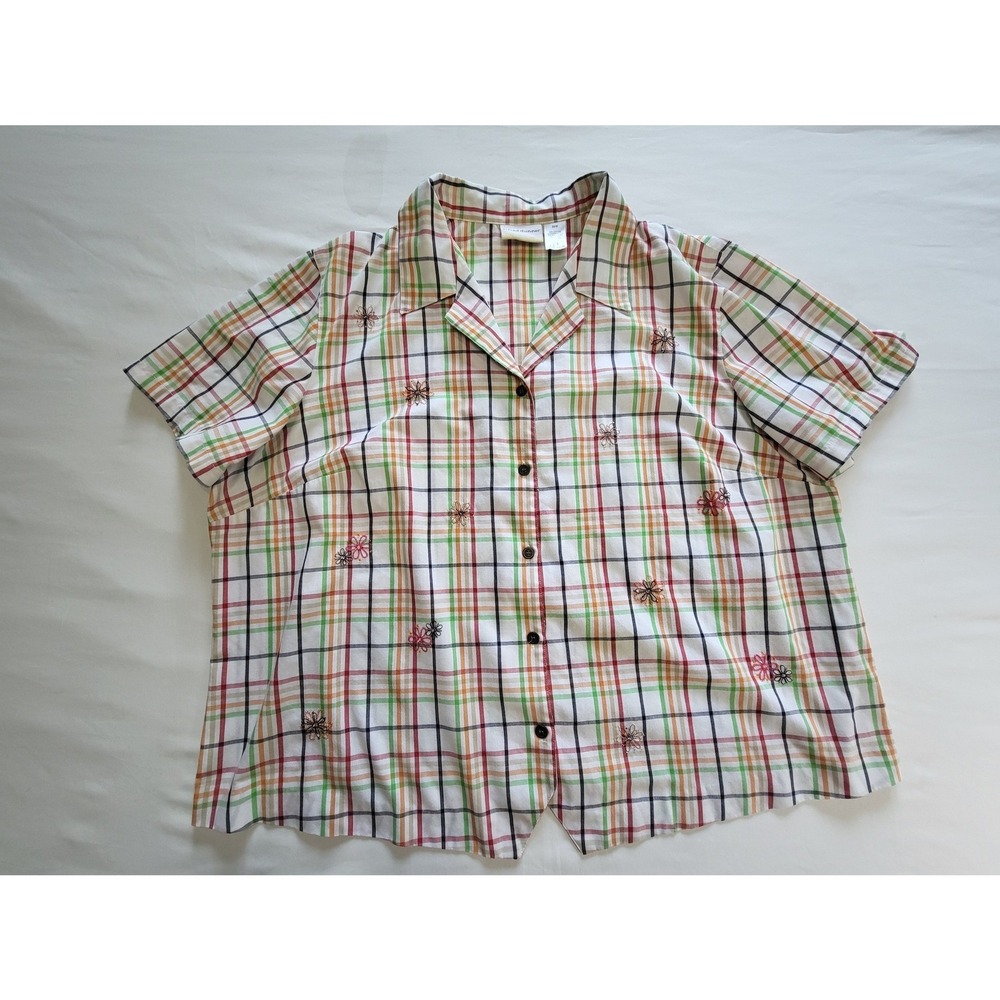 Alfred Dunner Woman Plaid Short Sleeve Button Up Shirt Embroidered Floral 22W